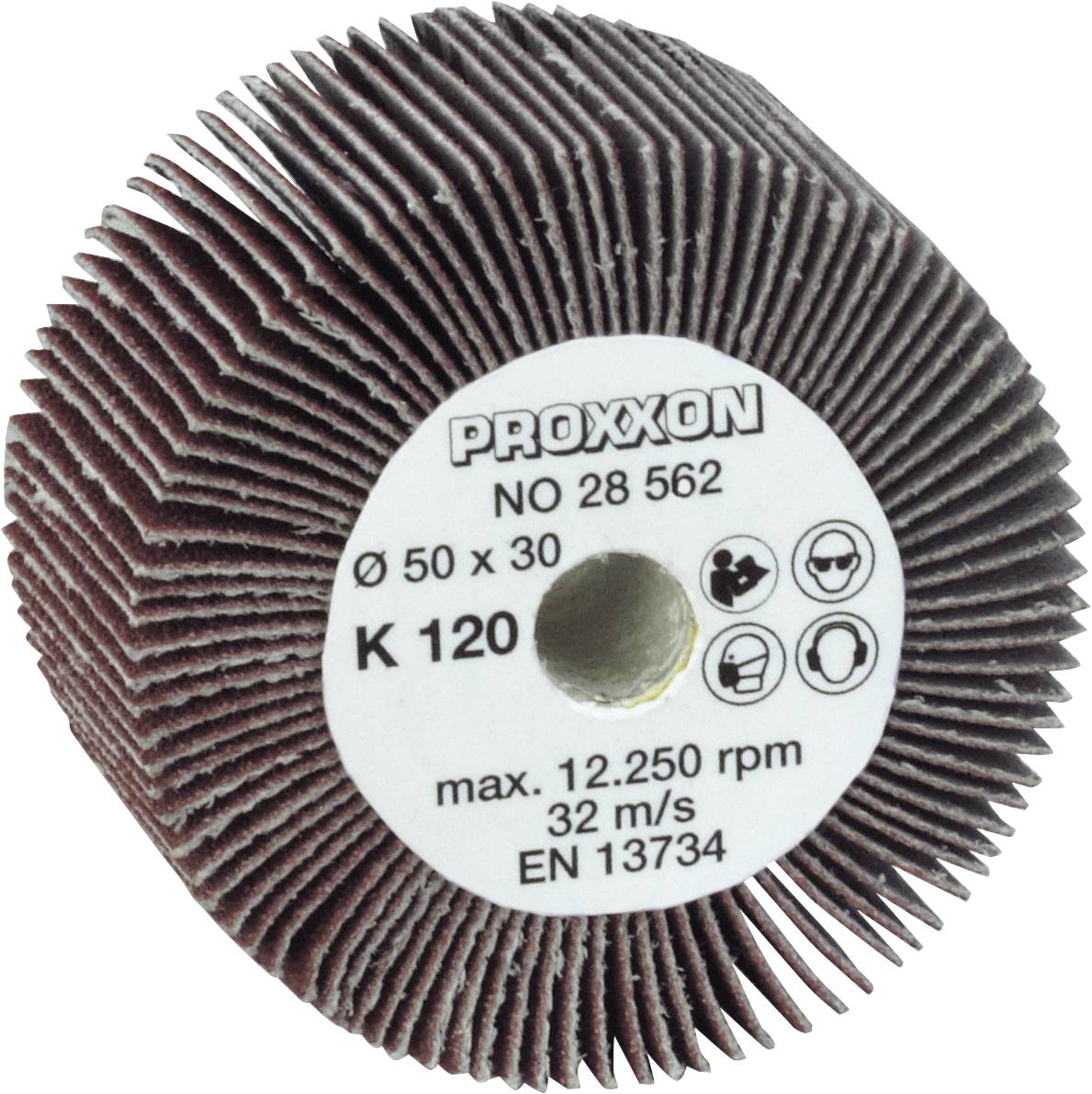 Proxxon brusni disk, Ø 50x30, K120, maks. 12.250 o/min, 32 m/s, EN 13734 na naljepnici. Pogodan za precizno brušenje.