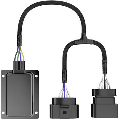 Crni kabel se račva u dva utikača. Lijevo je pravokutni modul koji povezuje utikače obojenim žicama.