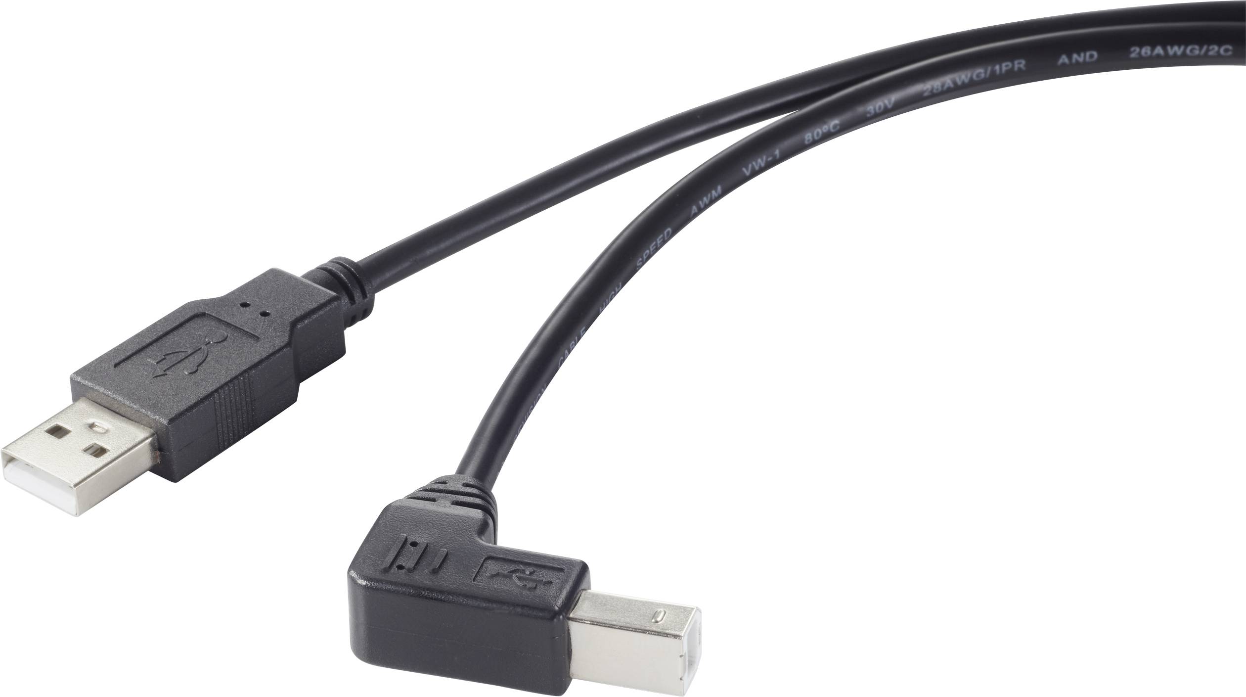 Crni USB kabel sa standardnim USB-A utikačem i kutom savijenim USB-B utikačem, korišten za povezivanje uređaja.