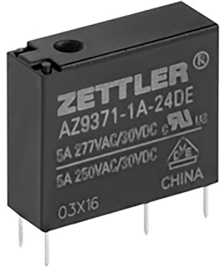 Pravokutni crni električni relej s natpisom 'Zettler AZ9371' i tehničkim specifikacijama o naponu i struji.