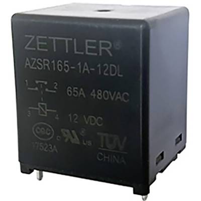 Električno relej tvrtke Zettler s modelom AZSR165-1A-12DL, specificiran za 65A i 480VAC, pogodan za industrijske primjene.