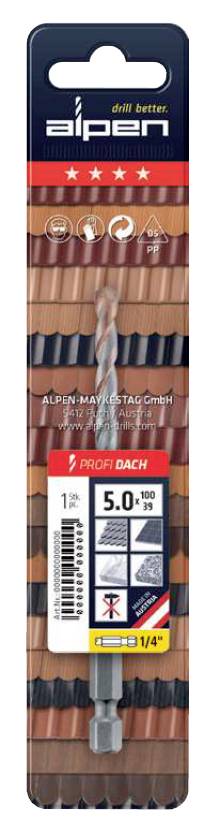 Svrdlo za krovne materijale u pakiranju. Marka 'Alpen'. Promjer 5,0 mm. Duljina 37 mm. Prikazuje primjene: Opeka, crijep.