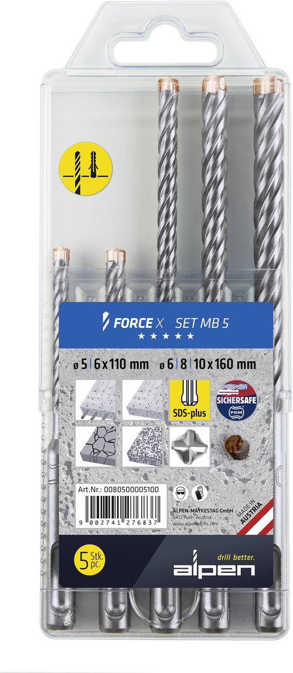 Alpen DS+ FORCE X MB 5 0080500005100 čvrsti karbid spiralno svrdlo za beton-komplet 5-dijelni 5 mm, 6 mm, 8 mm, 10 mm SDS-Plus 1 St.