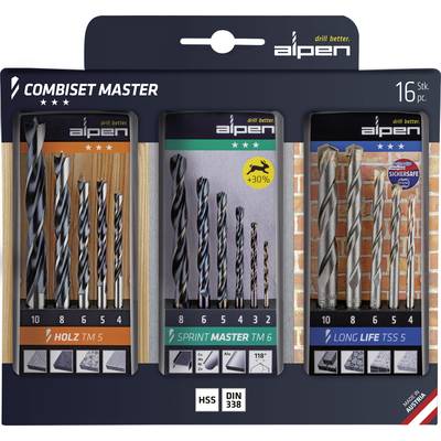 Set burgija 'Combiset Master' tvrtke Alpen s 16 elemenata. Sadrži burgije za drvo, metal i beton. Pakiranje prikazuje veličine i primjene.