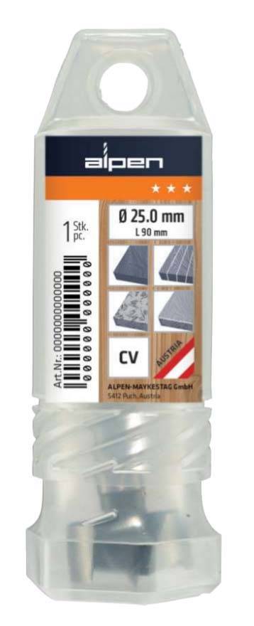 Set burgija Alpen, promjera 25 mm i duljine 90 mm, pogodan za različite materijale, izrađen od CV materijala.