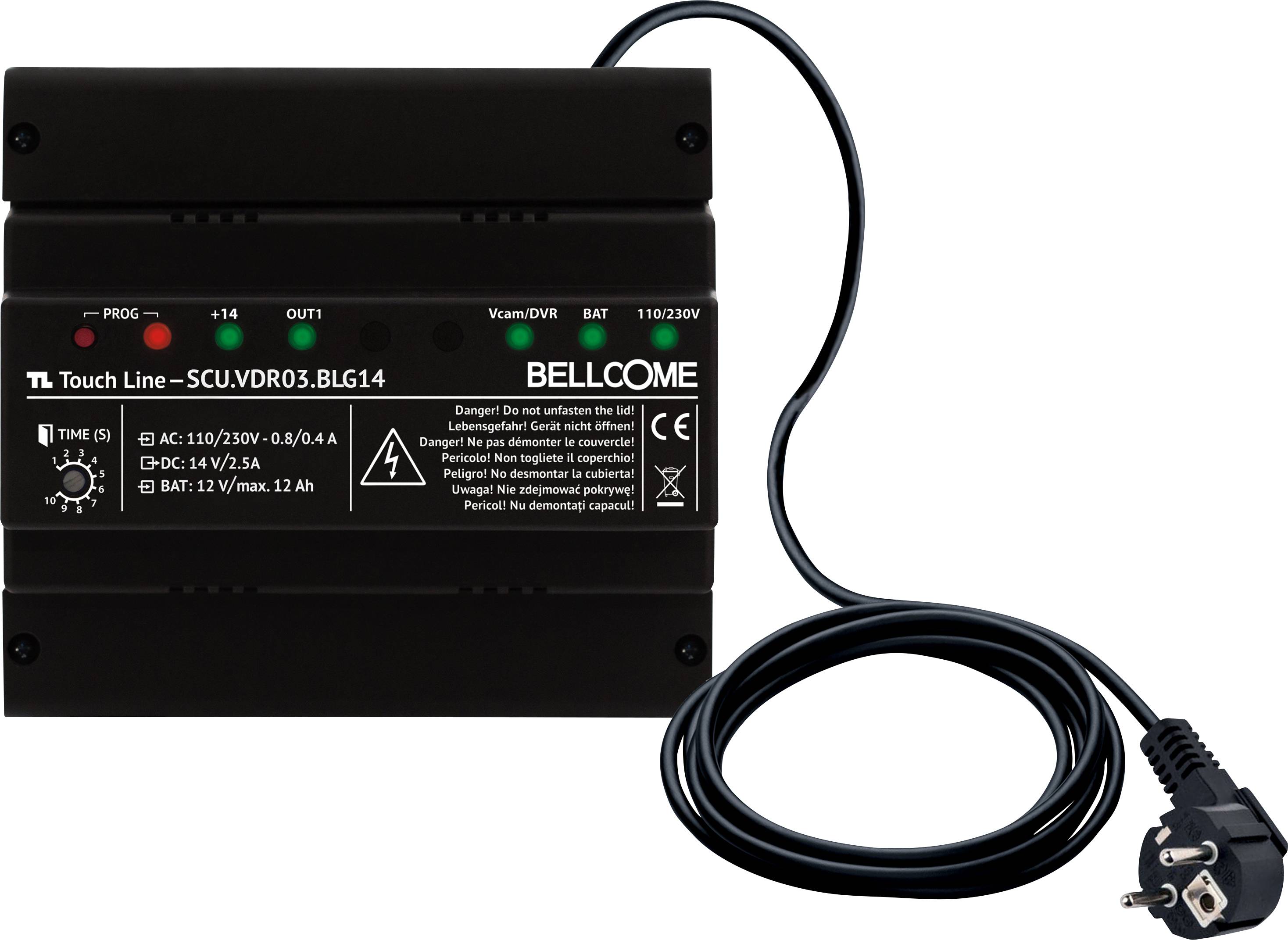 Električki uređaj marke Bellcome s kabelom, pogodan za AC 110/230V i DC 14V/5A, prikazuje radne i sigurnosne upozorenja.