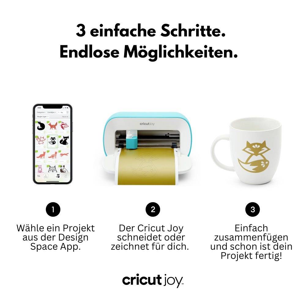 3 jednostavna koraka. Beskrajne mogućnosti.' prikazuje zaslon pametnog telefona, Cricut Joy stroj i gotovu šalicu.
