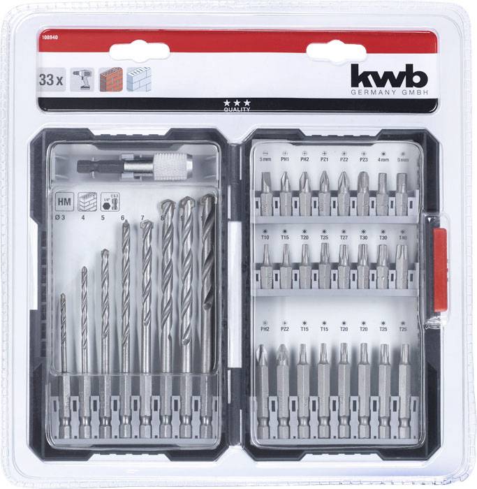 Set svrdla i bitova u prozirnom plastičnom kovčegu. Sadrži različite veličine svrdla i nastavke za odvijač. Marka 'kwb'.