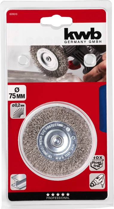 Pakiranje žičnom četkom za bušilice, promjera 75 mm, za čišćenje metala. Marka: kwb Germany GmbH.