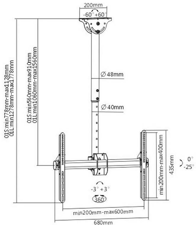 TECHly ICA-CPLB-946S stropni nosač za TV 94,0 cm (37") - 177,8 cm (70") stropni nosač, mogučnost savijana, okretni-7