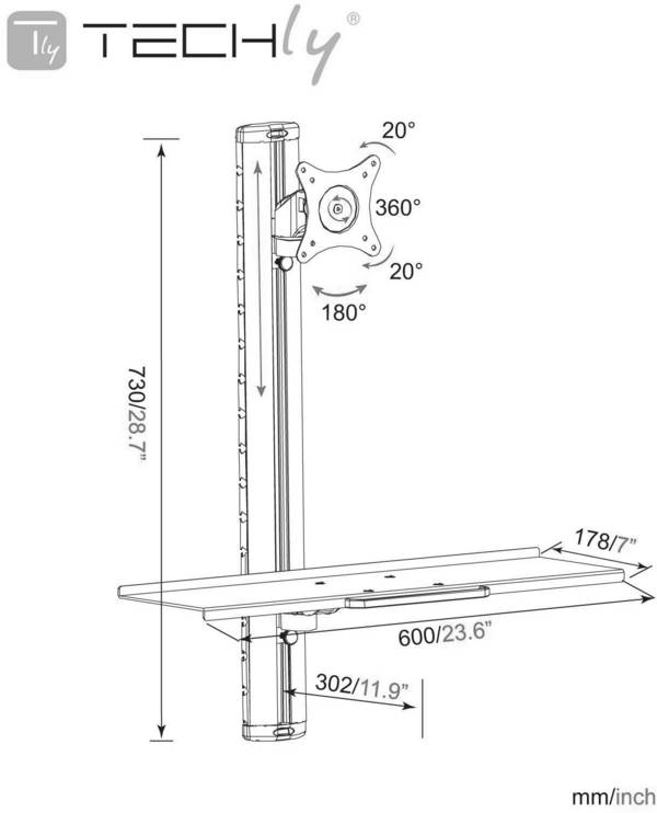 TECHly ICA-PLW-01 zidni nosač za monitor 38,1 cm (15") - 68,6 cm (27") mogučnost savijana, okretni, rotirajuči, ladica za tipkovnicu s postoljem za tipkovnicu