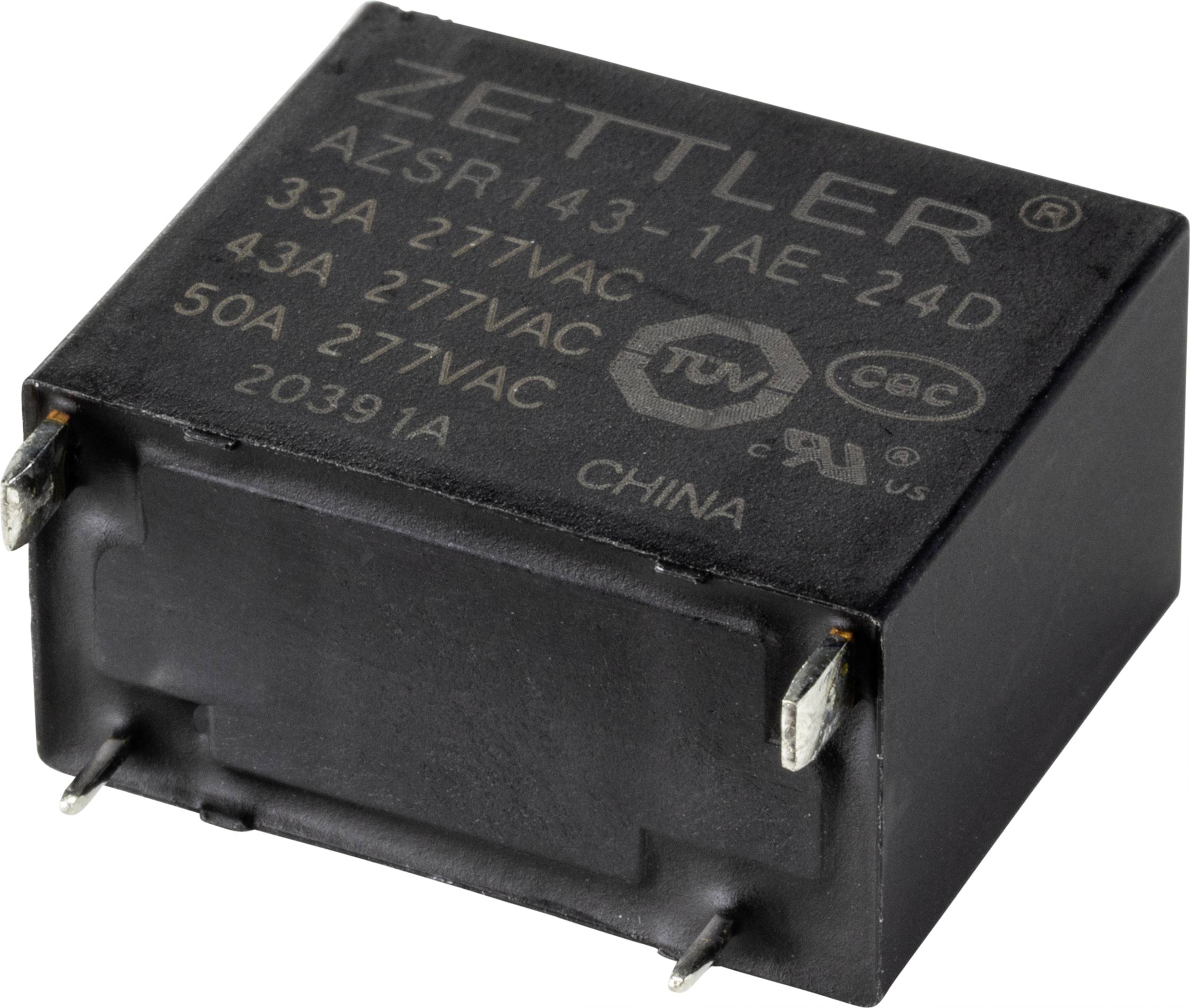 Pravokutni, crni relej s natpisom 'ZETTLER', model 'AZSR143-1AE-24D', prikazuje električne specifikacije u amperima i voltima.