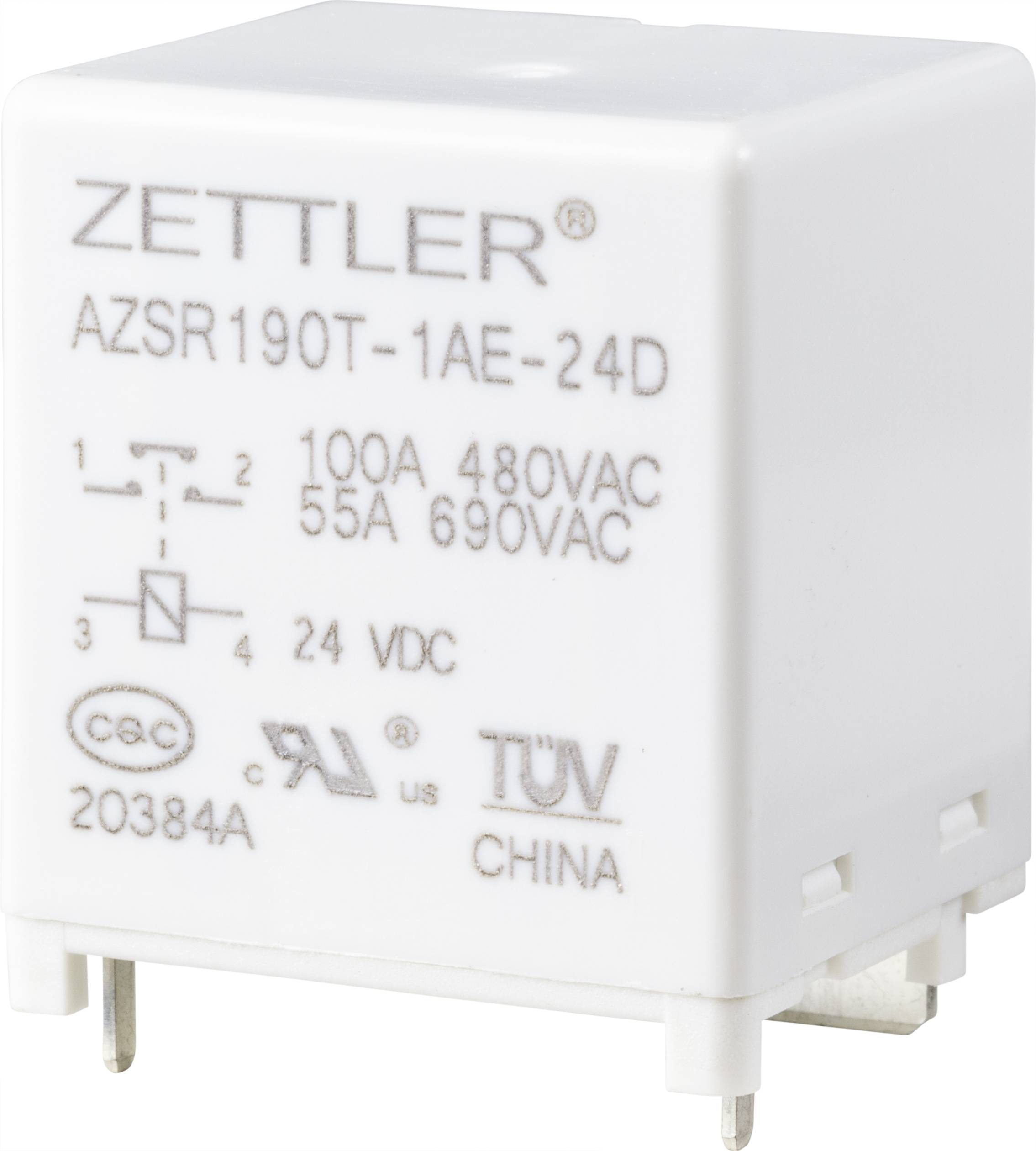 Bijeli, pravokutni relej s oznakom 'Zettler AZSR190T-1AE-24D'. Tehnički detalji: 100A 480VAC, 55A 690VAC, 24VDC. TÜV i CQC certifikati.