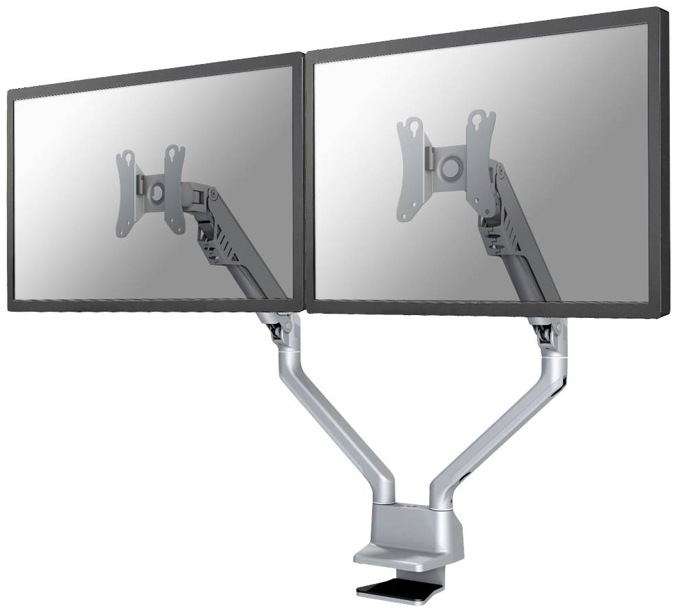 Dva nosača zaslona s podesivim krakovima, montirani na radnom stolu. Monitori nedostaju. Pogodni za ergonomsko radno mjesto.