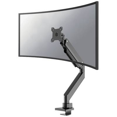 Zakrivljeni stalak za monitor s podesivom rukom prikazuje prazan zaslon. Stalak je pričvršćen za stol.