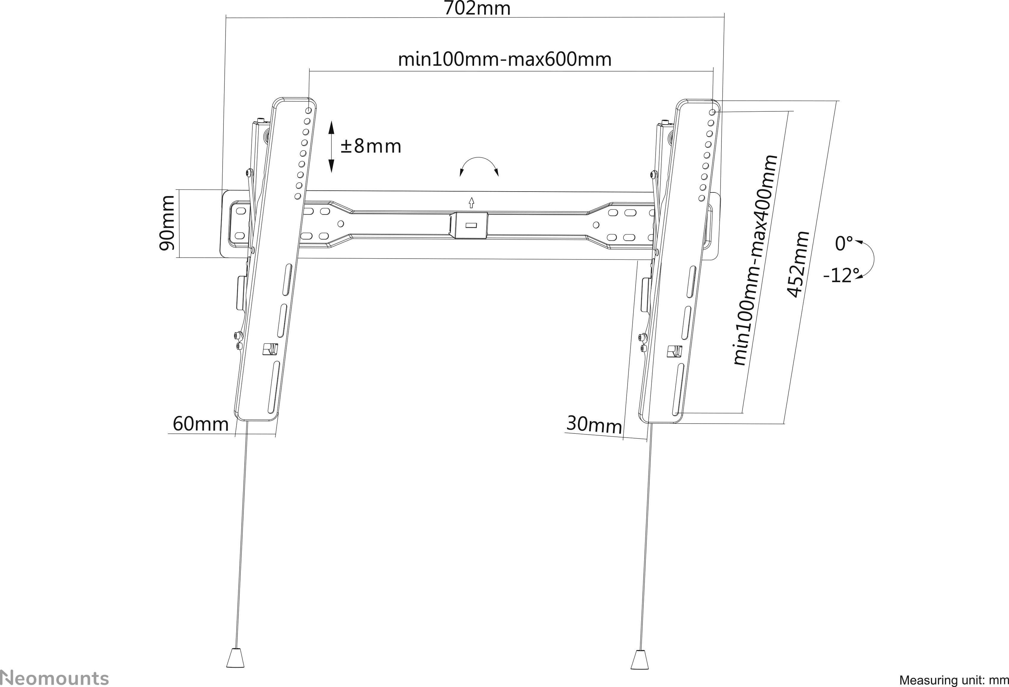 Zidni nosač za TV, dimenzije: širina 702 mm, visina podesiva od 100 mm do 400 mm, nagib od 0° do -12°.