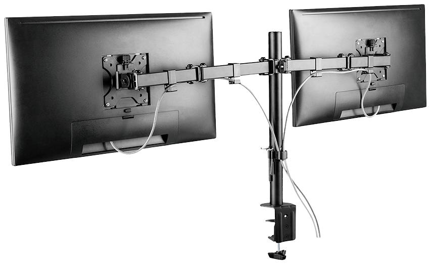 Metalni nosač za dva monitora pričvršćen na rub stola. Oba monitora su horizontalno postavljena, kabeli su spojeni.