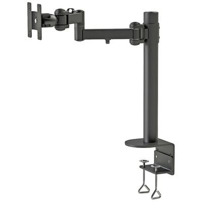 Crni nosač monitora s vijčanom stezaljkom za pričvršćivanje na stol. Podesiv je i podržava ergonomsko pozicioniranje ekrana.
