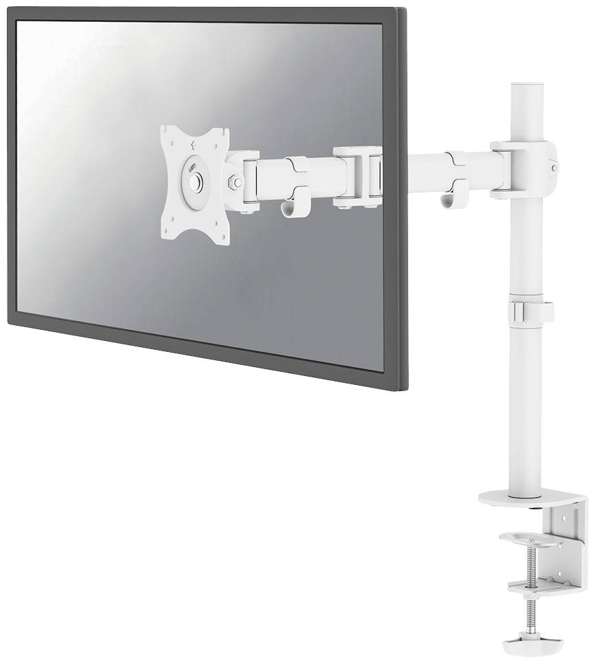 Podesivi nosač monitora u bijeloj boji pričvršćen je za stol kako bi fleksibilno držao ekran. Idealan za ergonomski rad.