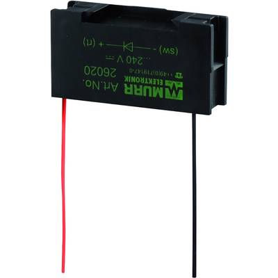 Pravokutni elektronički element s crnim kućištem, dva istaknuta kabela, crvena i crna oznaka s tehničkim specifikacijama.