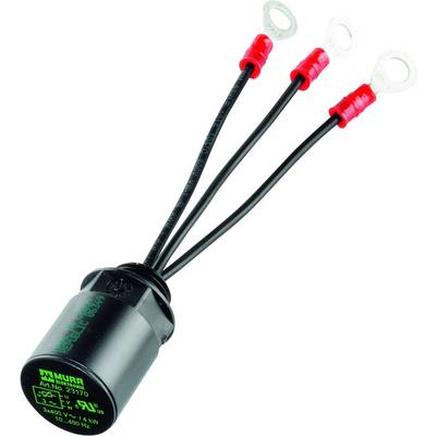 Crni električni kondenzator s tri istaknuta kabela koja završavaju pričvrsnim ušicama.