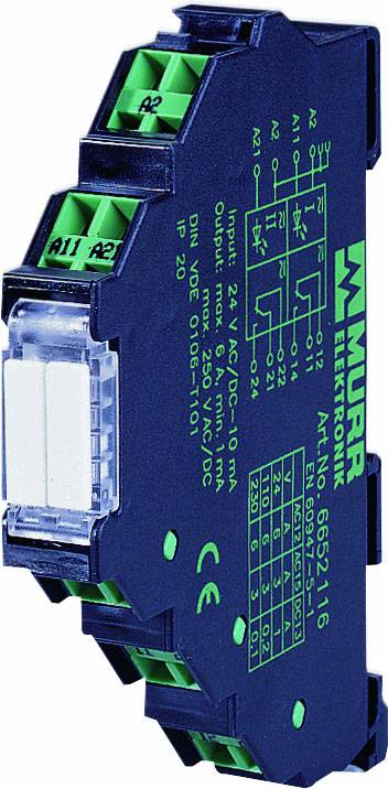 Elektronički modul tvrtke Murr Elektronik sa zelenim priključcima i tehničkim specifikacijama otisnutim na prednjoj strani.