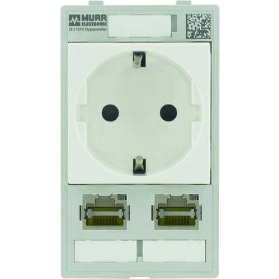 Električna utičnica s dva mrežna priključka ispod. Gore je vidljiv logotip Murr Elektronike i adresa u Oppenweileru.