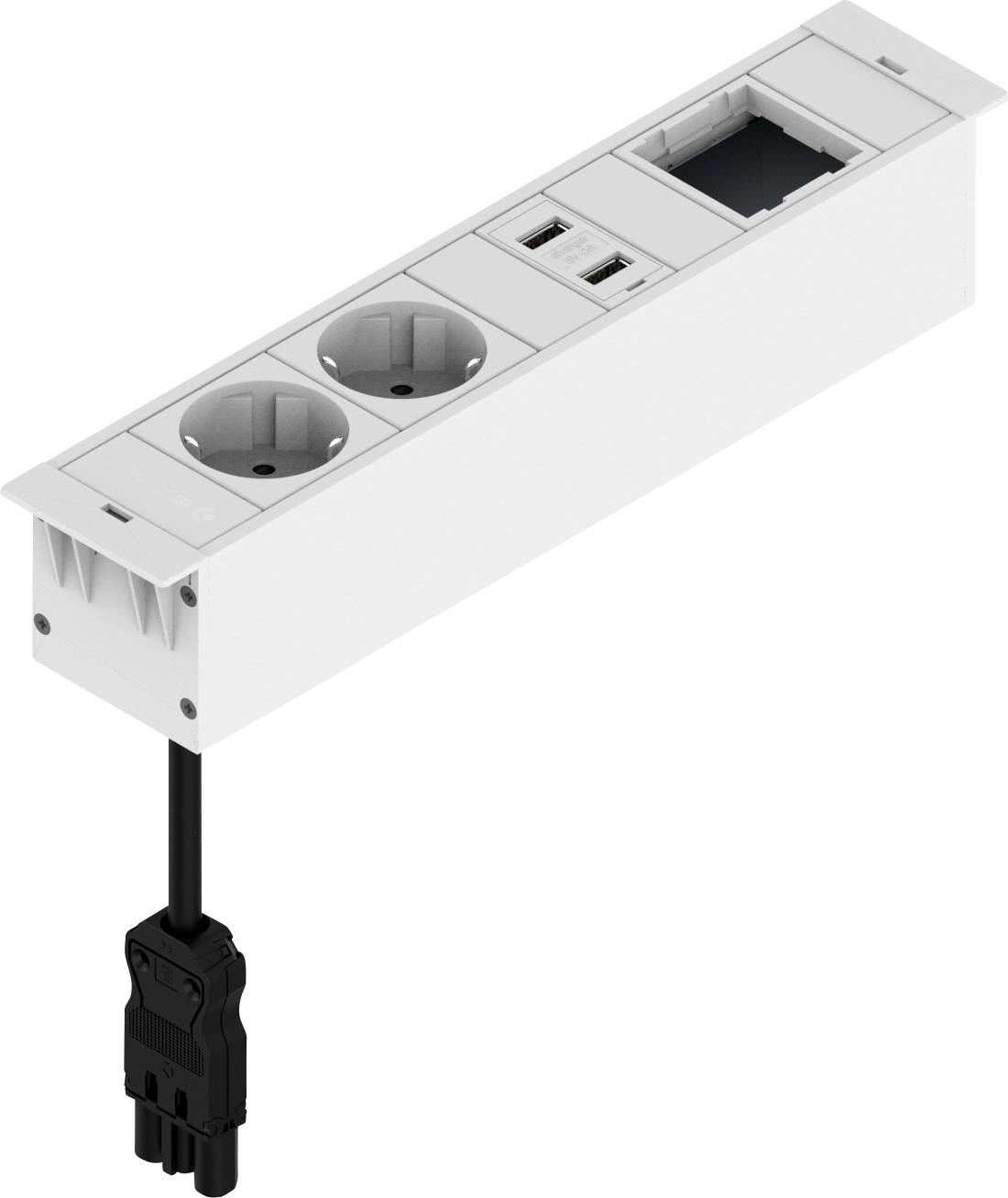 Bijela višestruka utičnica s dva priključka, dva USB porta i mrežnim priključkom, s kabelom koji se pruža prema dolje.