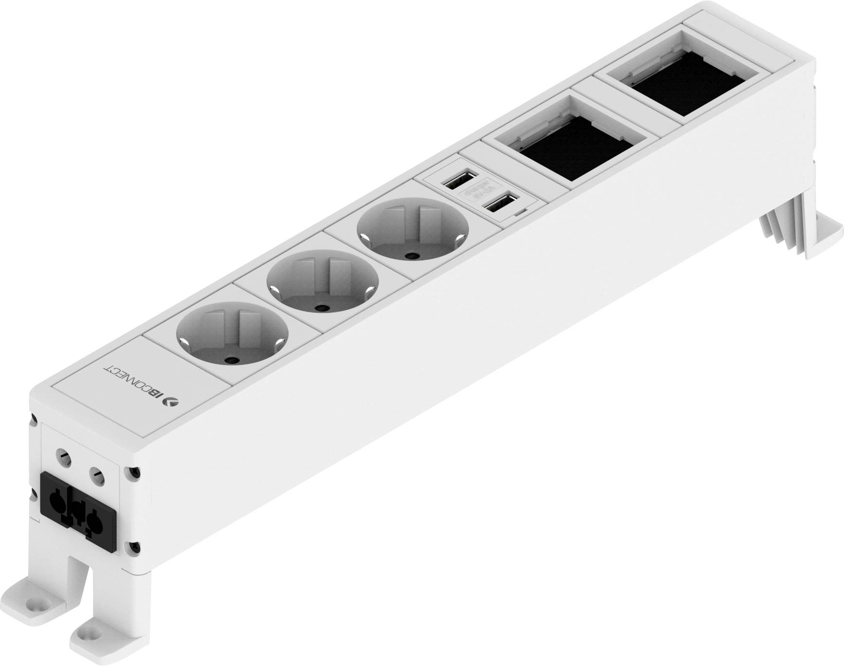 Bijela strujnica s tri Schuko utičnice, dva USB priključka i dva mrežna priključka, pogodna za uredske primjene.
