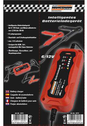 Inteligentni punjač baterija tvrtke Brüder Mannesmann, za 6/12V. Funkcije: program punjenja, indikator kvarova, zaštita od kratkog spoja i pogrešnog polariteta.
