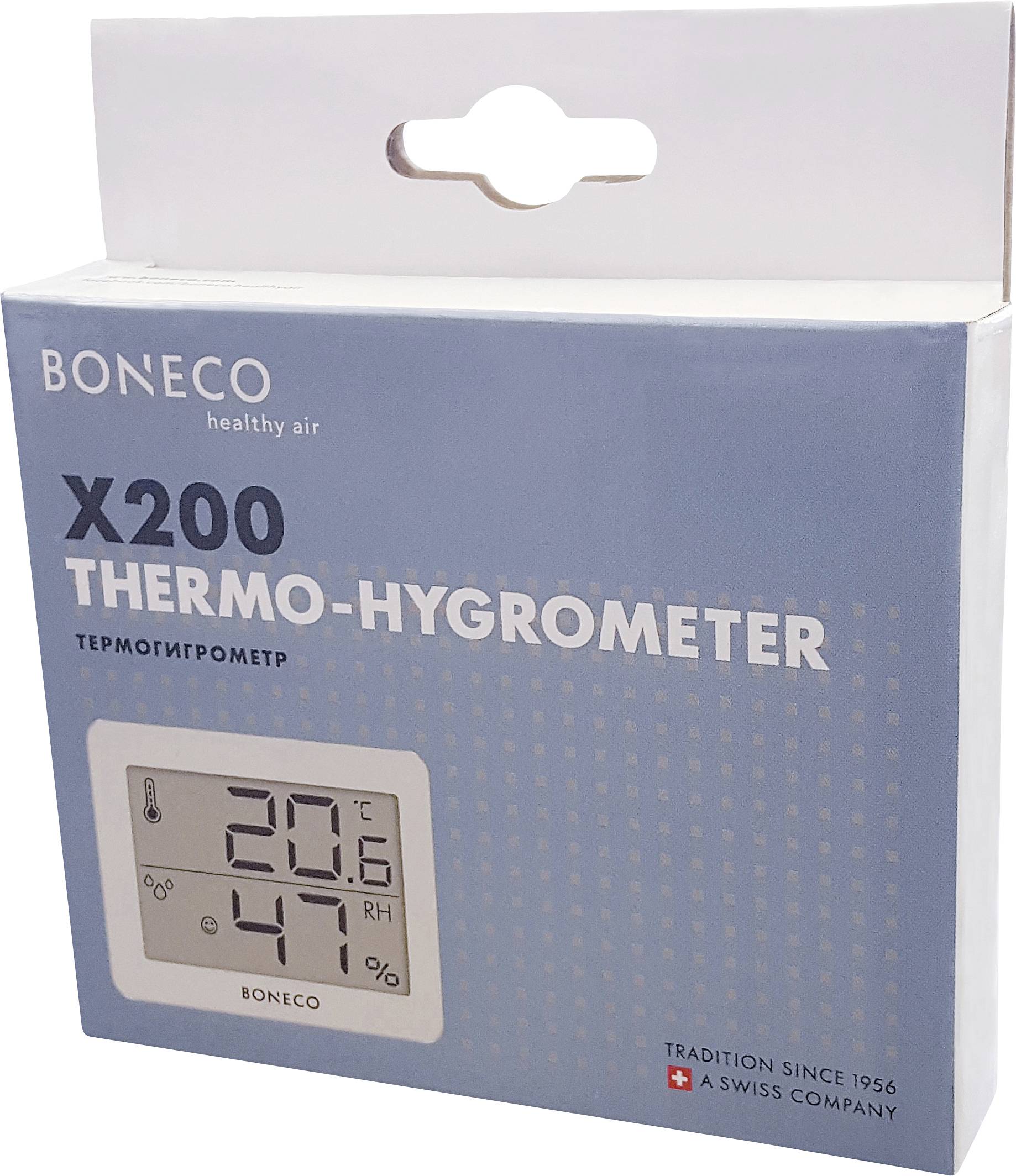 Ambalaža BONECO X200 termo-higrometra, na zaslonu prikazuje temperaturu od 20,6°C i relativnu vlažnost zraka od 47%.