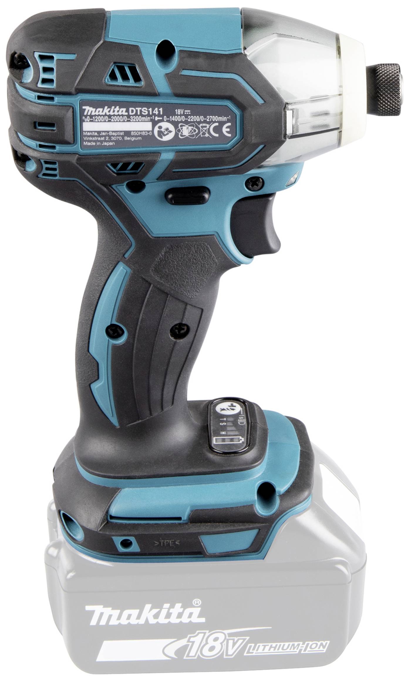 Plavi i crni Makita akumulatorski bušač vijaka s 18V litij-ionskim akumulatorom. Alat je kompaktan i ergonomski oblikovan.