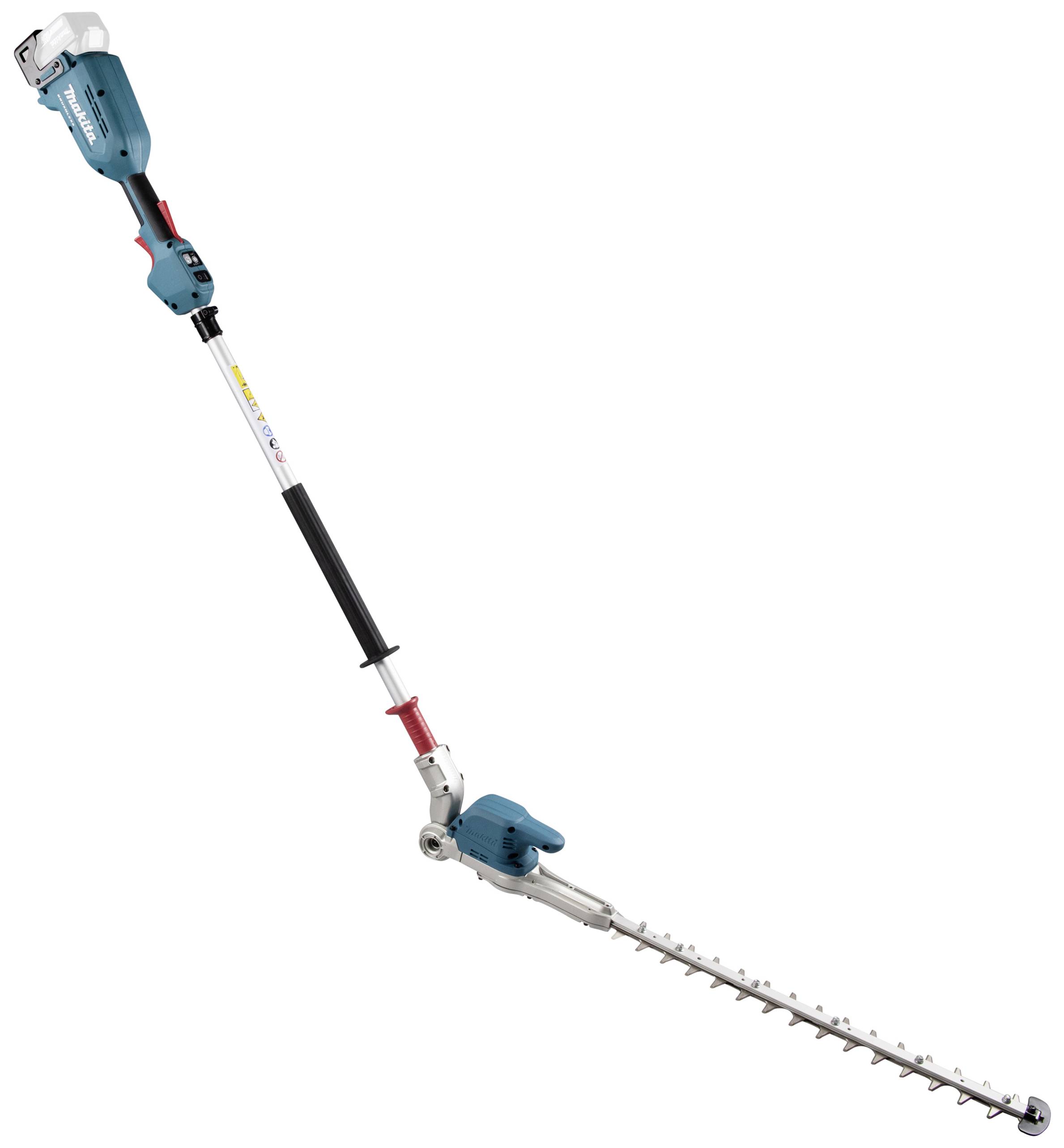 Baterijska škare za živicu s dugačkom ručkom i podesivom glavom za rezanje. Pretežno plave boje s crnim i crvenim detaljima.