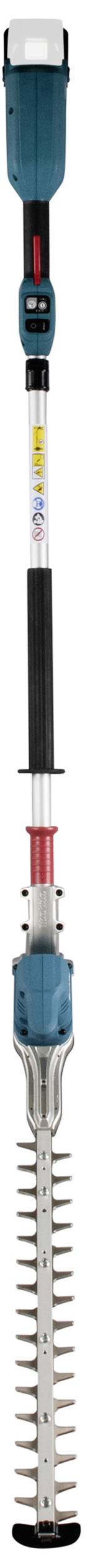 Električne škare za živicu s plavućkastim kućištem i crno-crvenim ručkama, pogodne za uređivanje živica i grmlja.