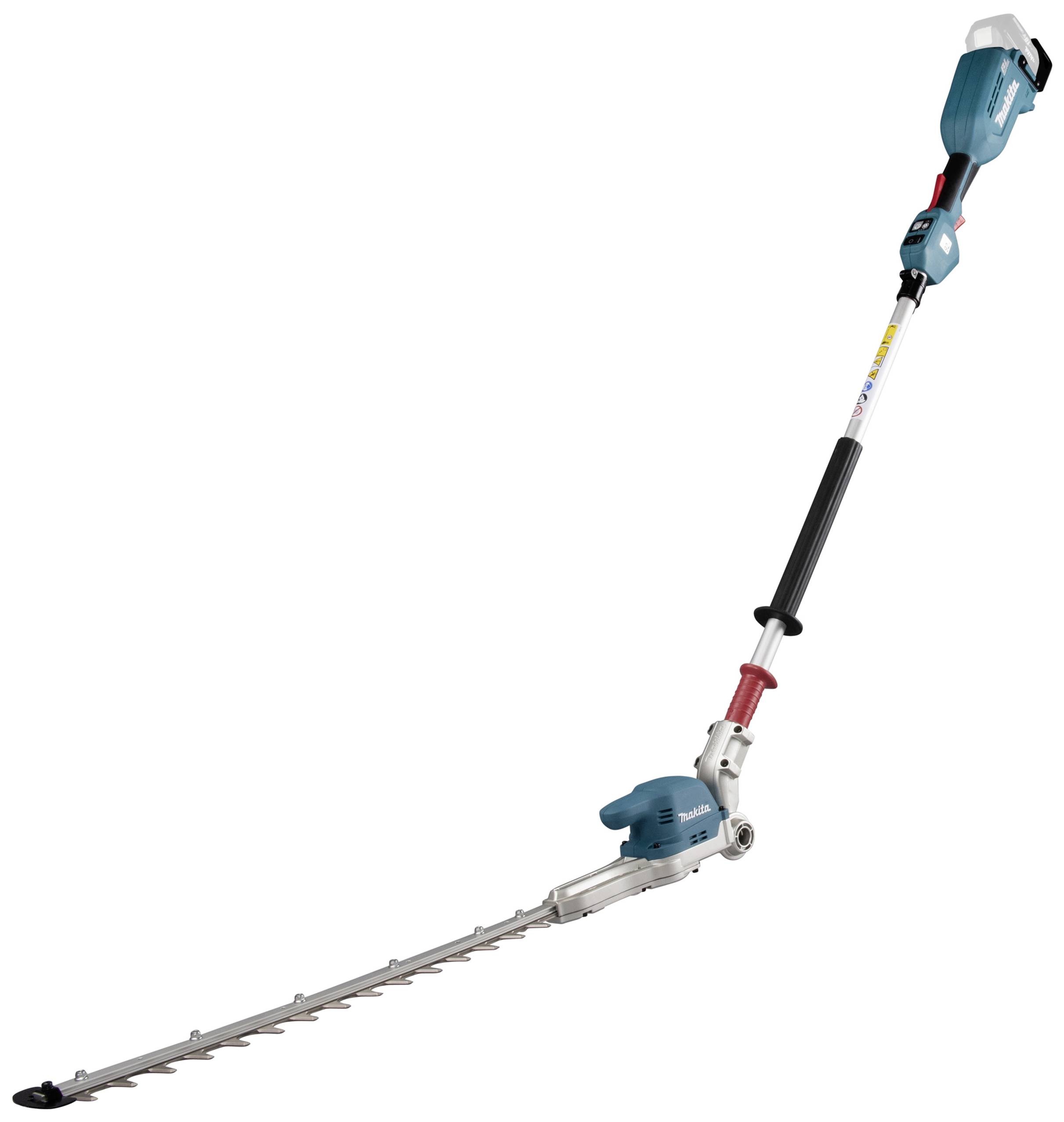 Dugački električni šišač živice plavo-crne boje, pogodan za rezanje visokih živica.