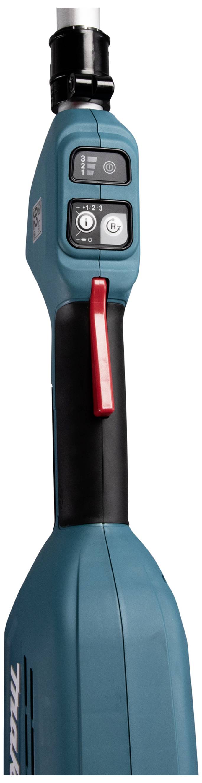 Bežična bušilica s plavim kućištem, crvenim sklopkom i dvije crne tipke za podešavanje; alat snimljen iz bliza.