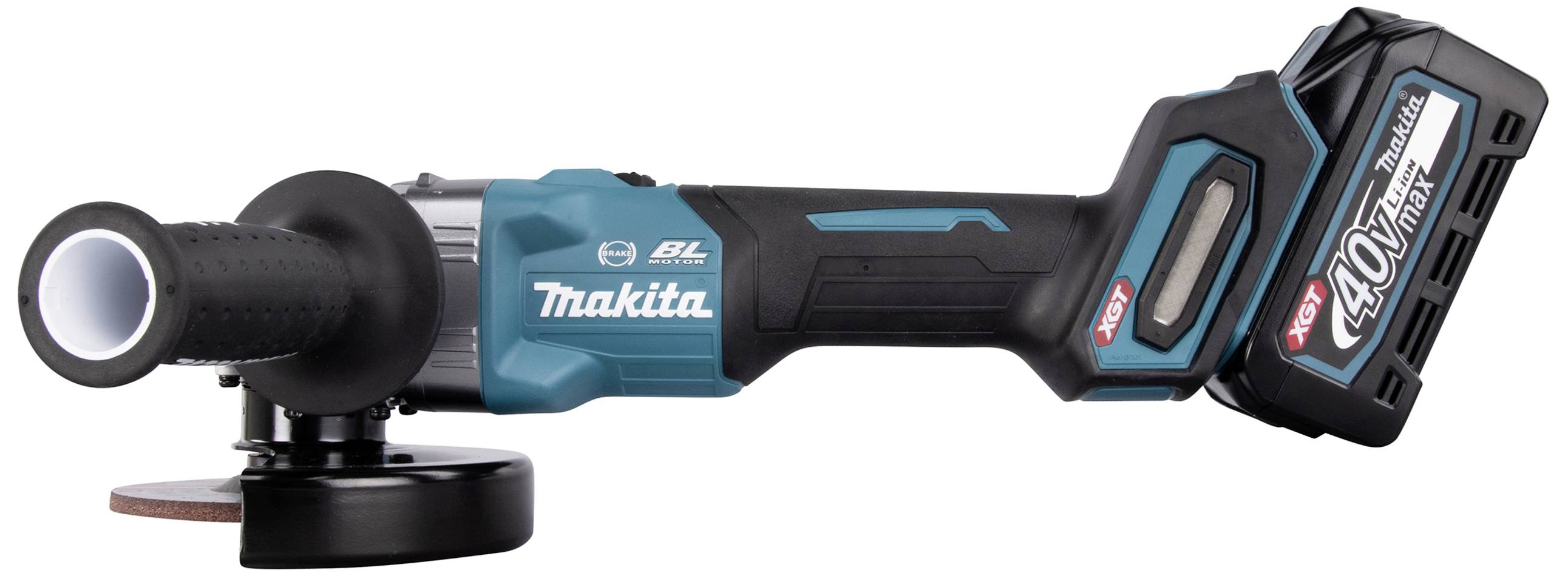 Bežna kutna brusilica s Makita logotipom, opremljena snažnom baterijom, pogodna za različite radove brušenja.