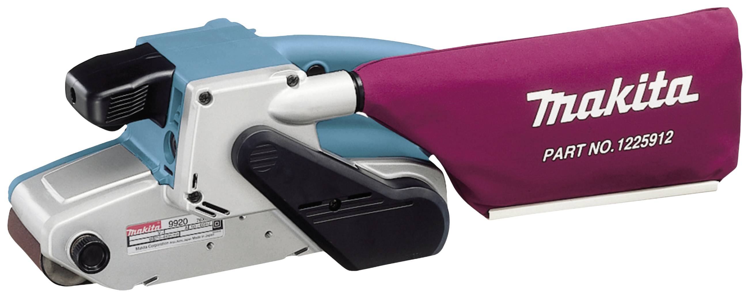 Električni tračni brusilica u plavoj i srebrnoj boji s crvenom prašinom vrećicom koja nosi logo 'Makita' i broj dijela '1225912'.