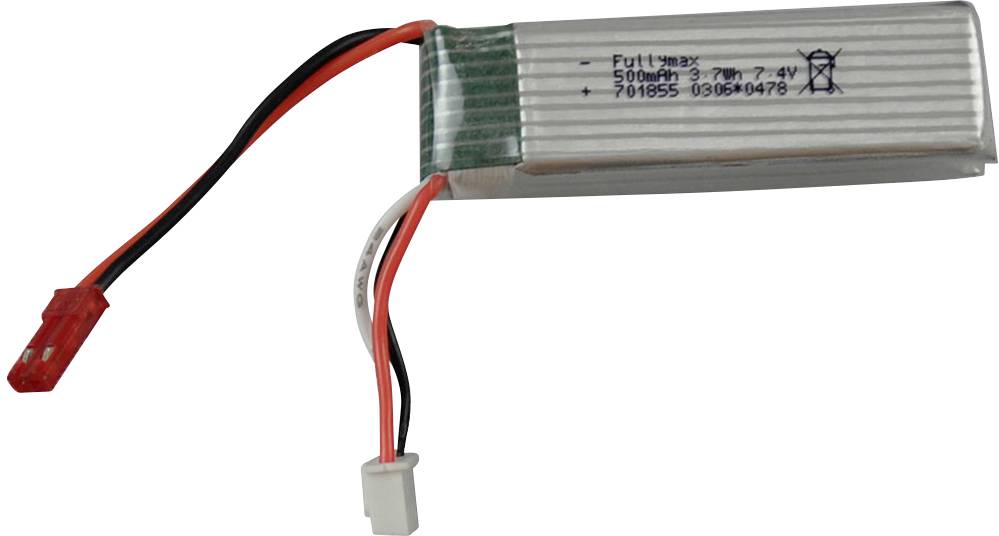 Pravokutna litij-polimerska baterija s dva kabela i priključka. Natpis pokazuje kapacitet od 500 mAh i napon od 7,4 V.