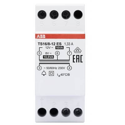 'ABB Relej TS16/8-12 ES, 1,33 A, 12V, 16VA. Dijagram priključaka s oznakama 8V i 10,6VA. 230V, 50/60Hz, tA 40°C/B.'