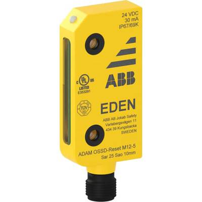 Žuti sigurnosni uređaj tvrtke ABB s LED indikatorom i natpisom 'EDEN', korišten za industrijsku sigurnost s tehničkim specifikacijama.