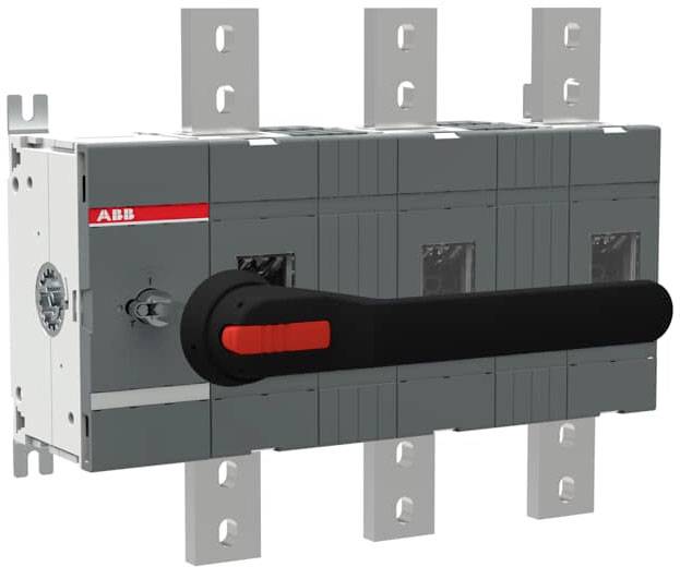 Električni rastavljač tvrtke ABB s crnom ručkom. Koristi se za sigurno odvajanje i upravljanje električnim strujnim krugovima.