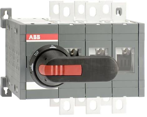 Sivi rastavljač tvrtke ABB s crvenom ručkom, djelomično u položaju 'UKLJUČENO'. Namijenjen je za električne osigurače.