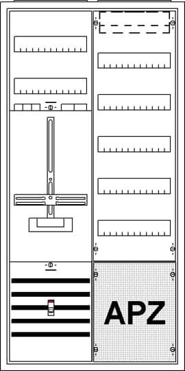 Shematski dijagram s jednom velikim centralnom polugom, nekoliko horizontalnih linija i pretincem obilježenim natpisom 'APZ'.