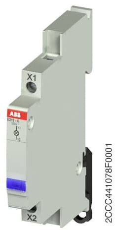 Uski, sivi električni preklopni aktor tvrtke ABB, model E219-0. Vidljivi su priključci X1 i X2 te oznaka sa strane.