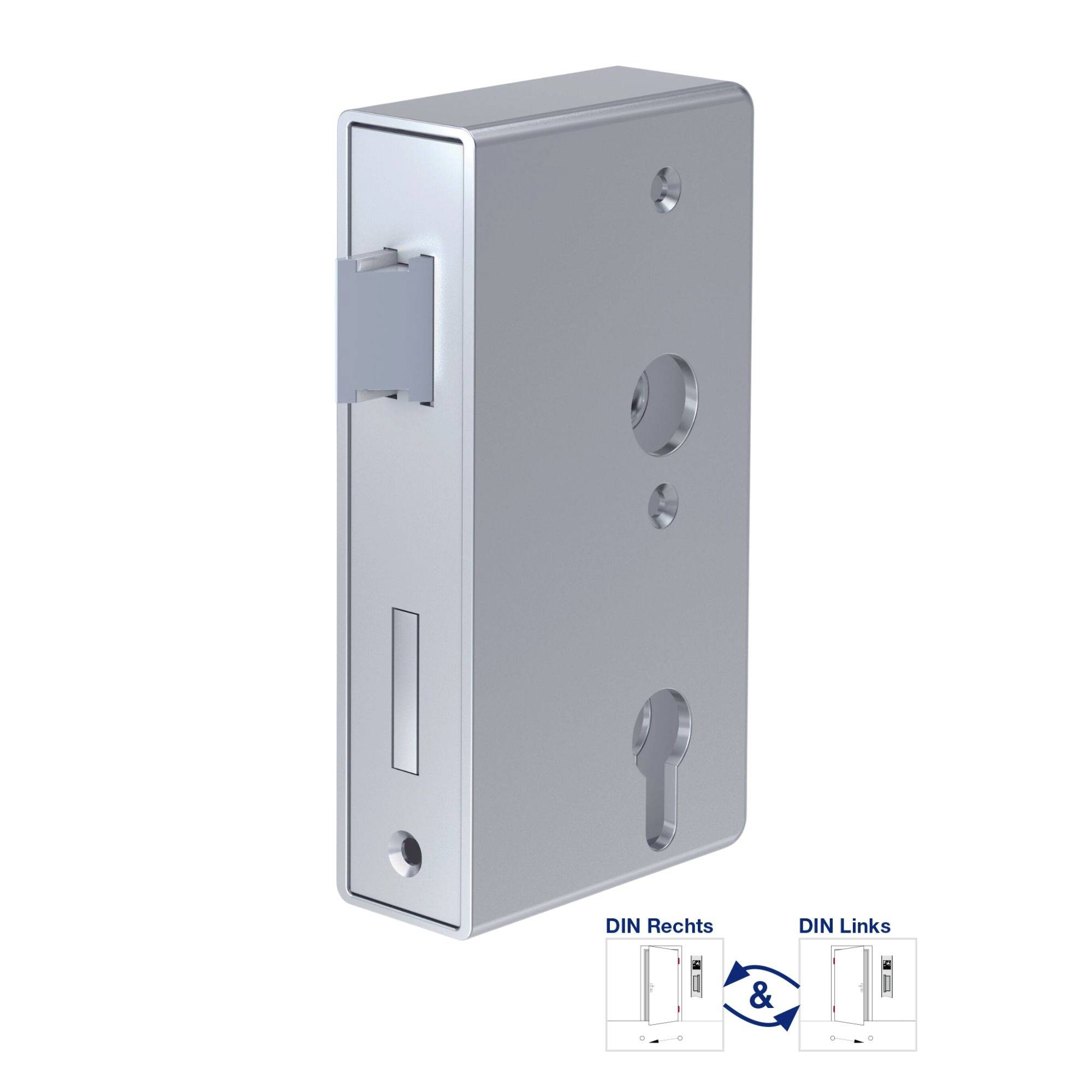 Srebrna brava za umetanje prikazana s opcijama za DIN desno i DIN lijevo. Pogodno za vrata s različitim smjerovima otvaranja.