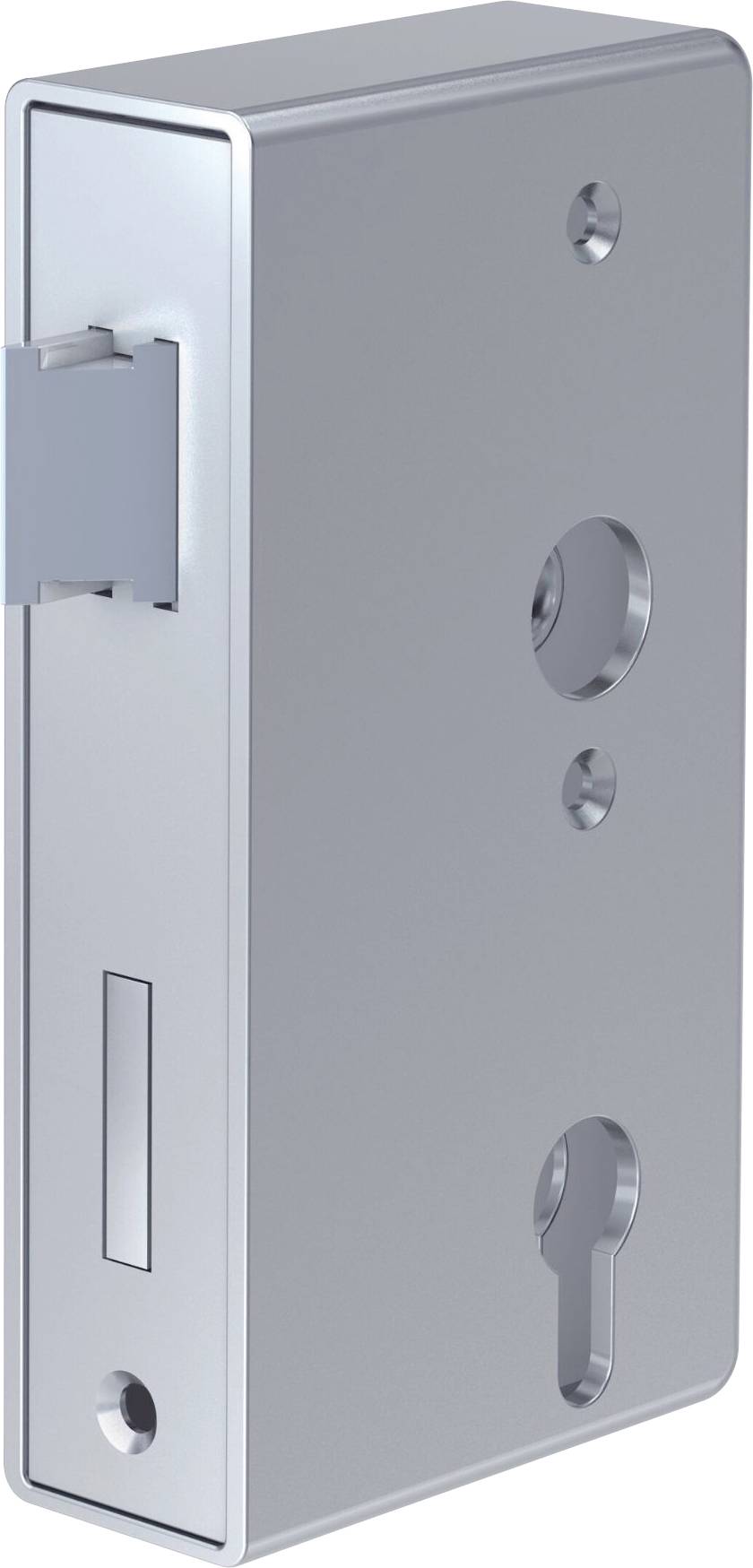 Metalna pravokutna mortise brava sa vidljivom keyhole-om i otvorom za zakvoru, dizajnirana za sigurnost vrata.