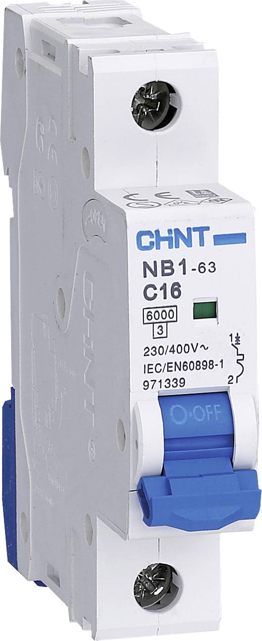 Bijeli zaštitni prekidač s plavim tipkastim prekidačem, tipiziran C16, projektiran za 230/400V i 6000A. Oznaka marke: CHINT.
