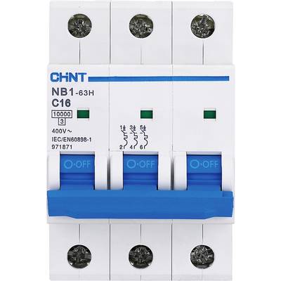 Plavi trofazni zaštitni prekidač marke CHNT. Model NB1-63H, 400V, 16A, s pet vijčanih priključaka na gornjem i donjem dijelu.