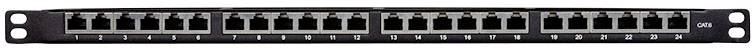 Mrežni patch panel od 24 Ethernet porta u jednoj rack jedinici, korišten za organiziranje i povezivanje mrežnih kabela.